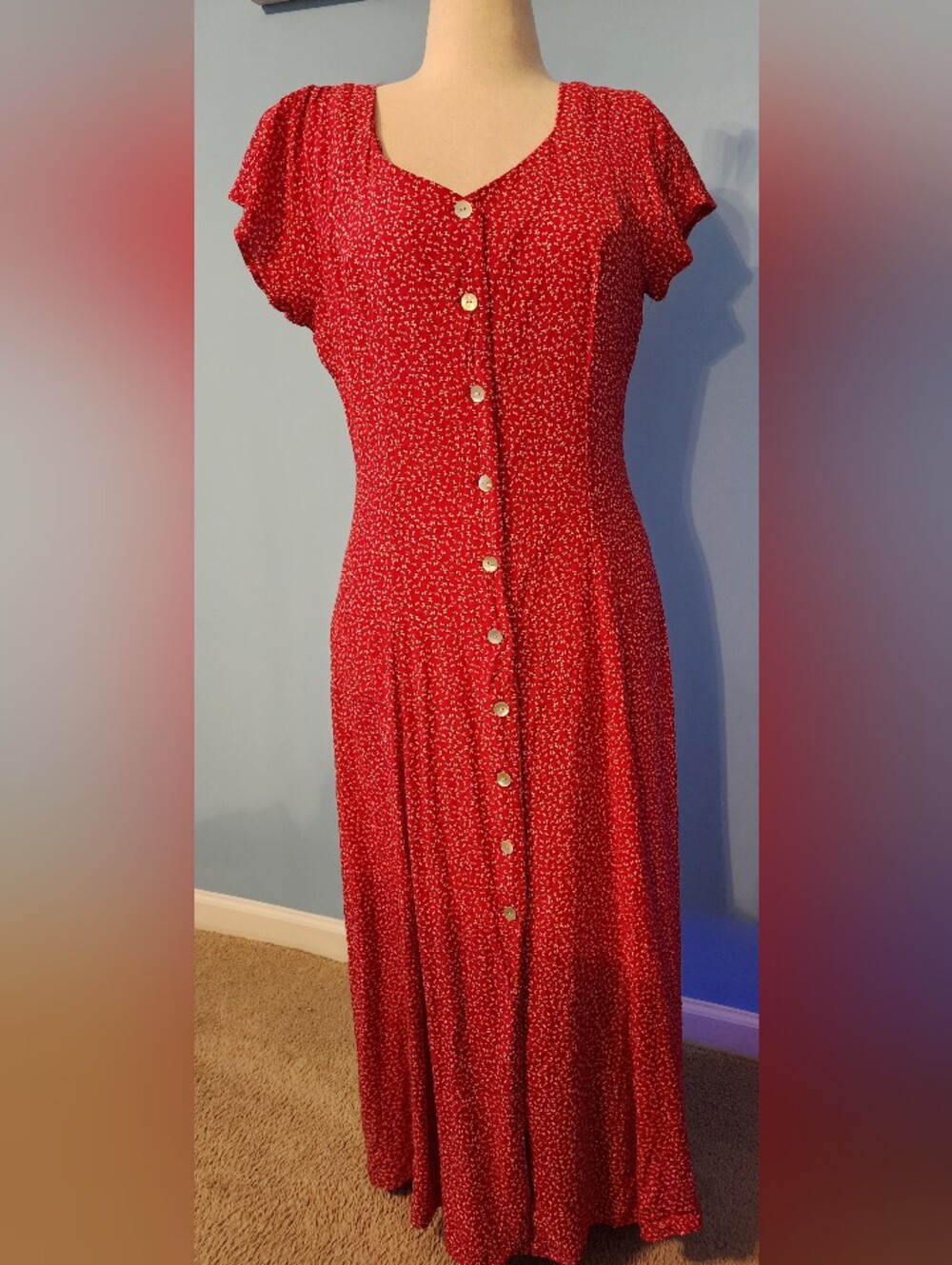 Sheri Martin Red Button-Front Maxi Dress with White Ditsy Print